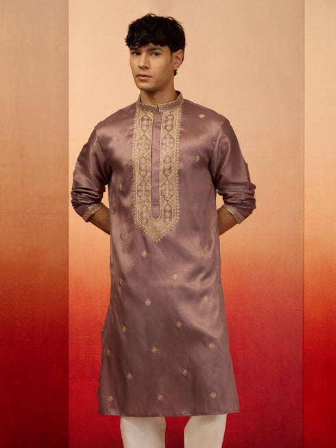 Men's Lavender Resham Embroidered Silk Kurta
